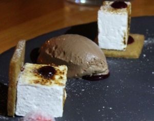 Upscale s'mores with homemade marshmallows and smoked chocolate ice cream